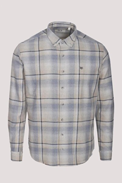 NCS Erkek Gömlek Bej Uzun Kol Ekose Kareli Flanel Yün Tuşeli Slim Fit Düğmeli...