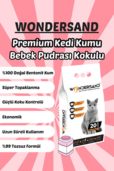 wondersand 20 Litre %100 Beyaz Bentonit Ince Tane Bebek Pudra Kokulu Topaklanan Premium Kedi Kumu