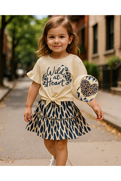 mislina kids Wild 3-Piece Girl's Combination (Oversize T-Shirt + Patterned Skirt + Bag) – 3/6 Years