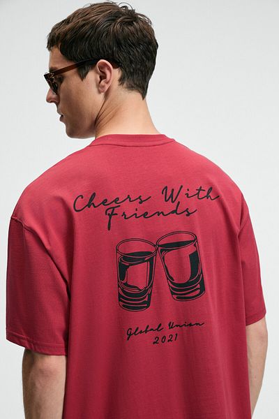 GRIMELANGE Treat Men's Oversize 100% Cotton Printed Round Neck Red T-Shirt