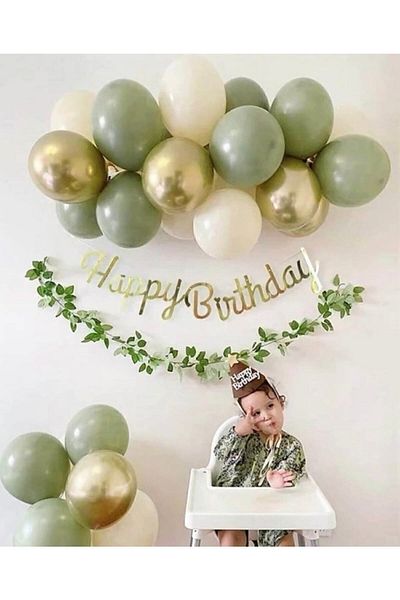 Deniz Party Store Mold Green - Chrome Gold Sea Sand Balloon Happy Birthday Mini Chain Set