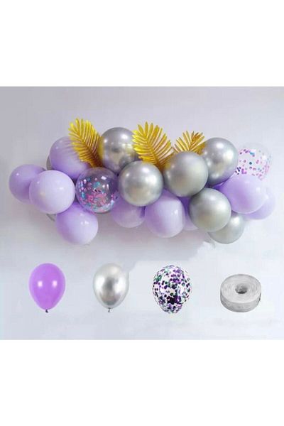 Deniz Party Store Macaron Lilac Transparent Confetti Chrome Silver Mini Chain Balloon Set
