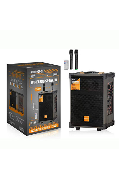 Dynego C8 Kablosuz Çift Mikrofonlu Ahşap Hoparlör Süper Bas Bluetooth Fm Kablosuz Mikrofon Karaoke