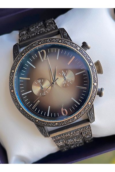 Weluxa Motif Detailed Copper Color Antique Case Steel Band Men's Wristwatch