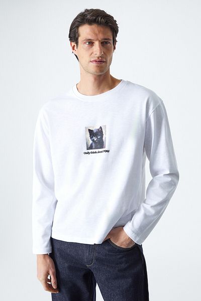 GRIMELANGE Cat Men's Print Detail 100% Organic Cotton Comfort Fit White T-Shirt