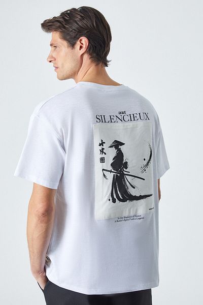 GRIMELANGE Martinelli Men's Crew Neck Printed Short Sleeve Oversize White T-Shirt