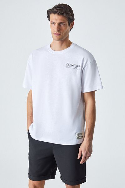 GRIMELANGE Martinelli Men's Crew Neck Printed Short Sleeve Oversize White T-Shirt