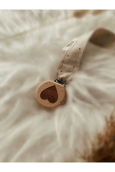 GOER STORE Natural Wooden Heart Detailed Cappuccino Polka Dot 100% Cotton Fabric Baby Pacifier Strap