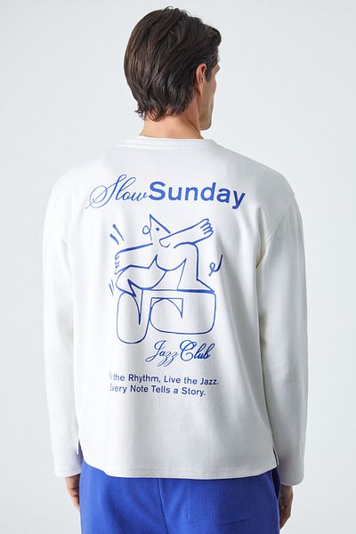 GRIMELANGE Slowsunday Men's Print Detailed Comfort Fit Crew Neck Ecru T-Shirt