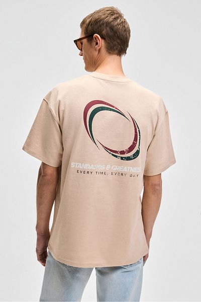 GRIMELANGE Manol Men's Crew Neck 100% Organic Cotton Oversize Fit Beige T-Shirt