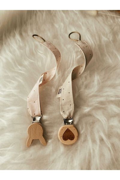 GOER STORE Heart-rabbit Natural Wood Detailed Polka Dot 100% Cotton Pacifier Strap Set