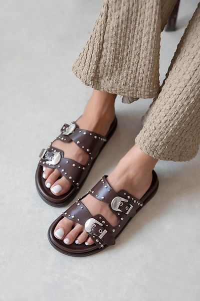 STRASWANS Gavi Γυναικεία Drop Detail Daily Comfort Δερμάτινες Παντόφλες Καφέ