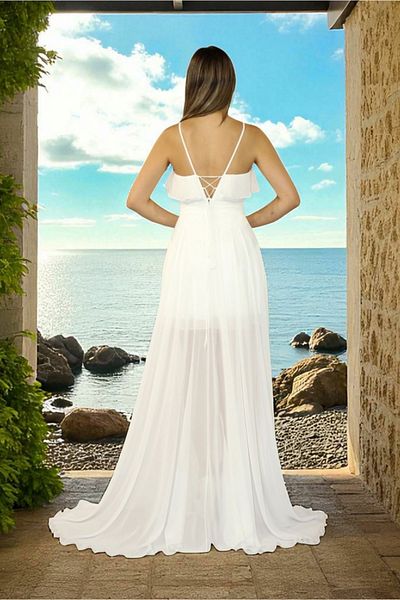 FaBe Fashion Valon Detailed Rope Strap Back Lace-Up Chiffon Dress - Double Slit, for Wedding and Outside Shooting