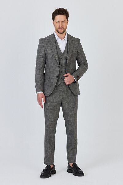 Frappoli Pessina Men's Black-Grey Jacket+Pants+Vest Double Slit Slim Fit Suit
