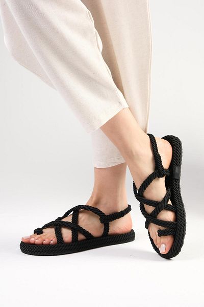 Mio Gusto Samara Black Women's Rope Sandals - Flat Bottom