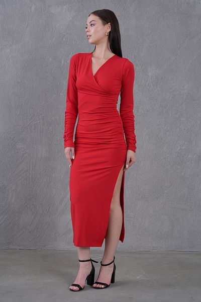 bayansepeti Women's Stretch Fabric Double Breasted Collar Slit Long Sleeve Midi Length Red Evening Dress 6031