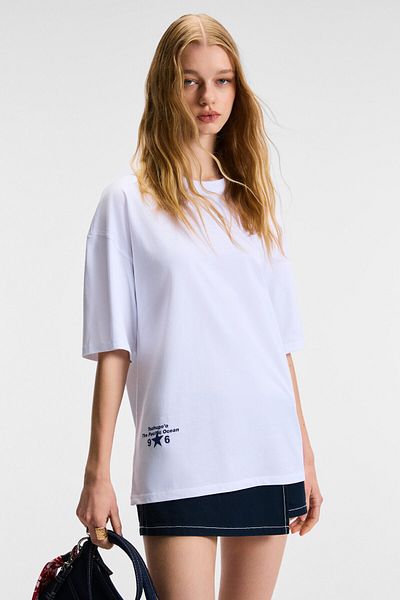 GRIMELANGE Tavena Women's 100% Cotton Printed Oversize Fit Short Sleeve Round Neck White T-Shirt