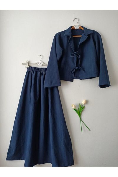 Butik İnci̇ Wears Shirt Collar Two Tie Seersucker Skirt Suit-Navy Blue