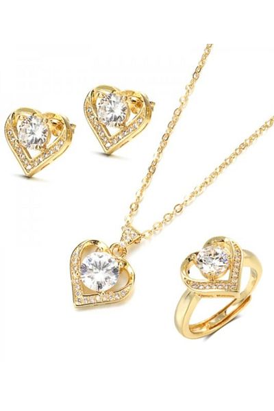 Kelan Silver set of earrings, necklace and ring with 14k gold plating Heart Serenity
