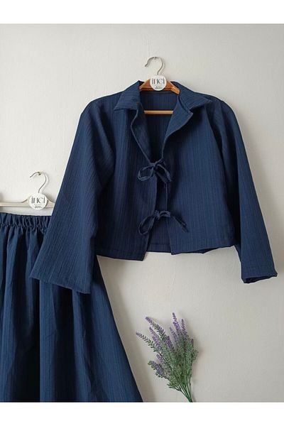 Butik İnci̇ Wears Shirt Collar Two Tie Seersucker Skirt Suit-Navy Blue