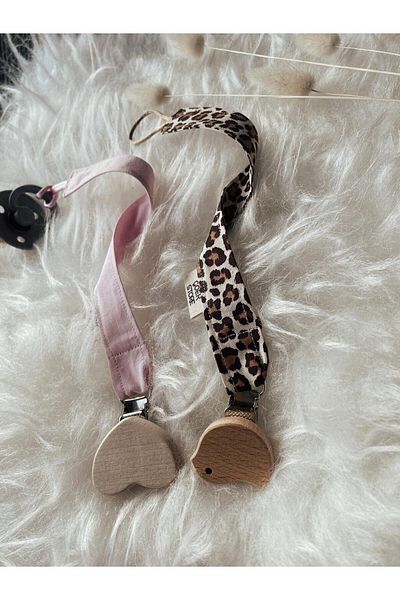 GOER STORE Heart-bird Natural Wooden Detailed Leopard 100% Cotton Pacifier Strap Set