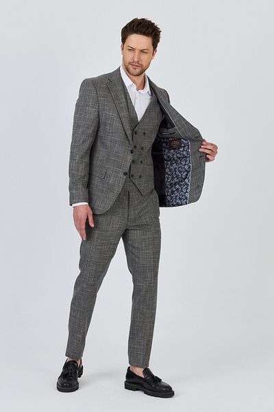 Frappoli Pessina Men's Black-Grey Jacket+Pants+Vest Double Slit Slim Fit Suit