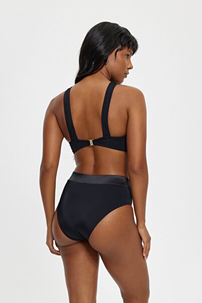 Louren Satin Detail V-Collar Collecting High Waist Black Bikini Set