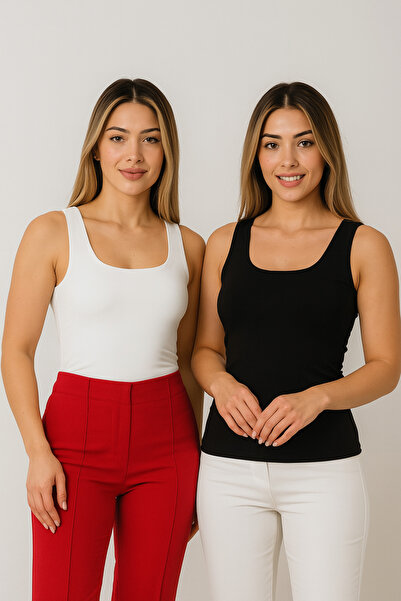 Ravencia Women's 2-Piece Premium Quality Black-White Thick Strap Pool Collar Blouse