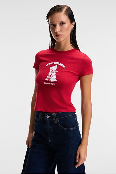 GRIMELANGE Yelvane Women's 100% Cotton Crew Neck Printed Regular Fit Red T-Shirt