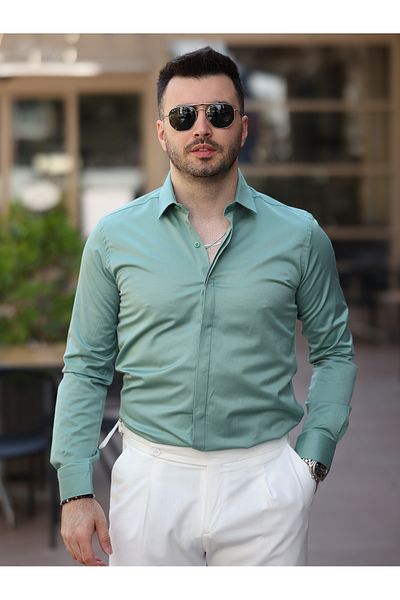 BASEL.CO Super Slim Fit Hidden Button Cotton Satin Shirt