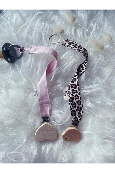 GOER STORE Heart-bird Natural Wooden Detailed Leopard 100% Cotton Pacifier Strap Set