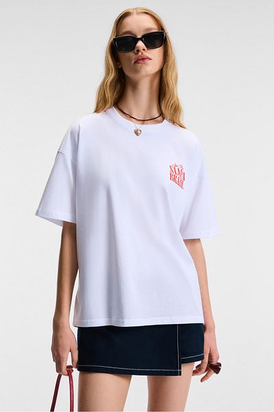 GRIMELANGE Feylora Women's 100% Cotton Oversize Fit Print Detailed Short Sleeve Crew Neck White T-Shirt