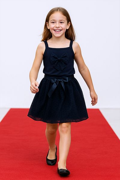 HÇM Girl's Skirt Suit with Suspenders Badi Bow Ruffled D29