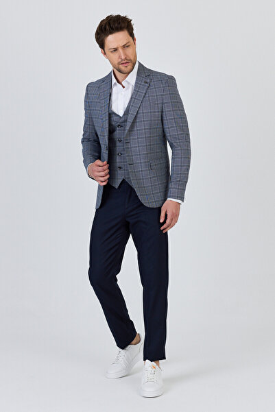 Frappoli Facune Erkek Lacivert Ceket+Pantolon+Yelek Çift Yırtmaçlı Slim Fit Takim Elbise