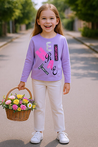 HÇM KIZ ÇOCUK UZUN KOLLU TSHİRT PULLU HARF BASKILI BİSİKLET YAKA E9