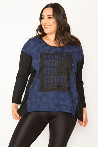 Şans Women's Large Size Black Bat Sleeve Front Detailed Tunic 65n31027