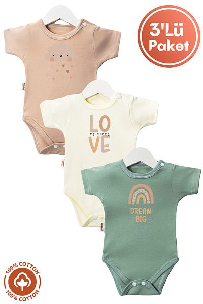 miniel organic Unisex Baby 100% Organic Cotton Dream Printed 3-6-9-12 Months 3-Piece Short Sleeve Baby Bodysuit