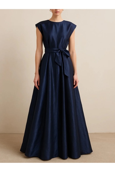 MERT ERKAN Lacivert Tafta Kolsuz Uzun Elbise