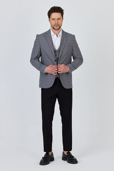 Frappoli Facune Men's Grey Jacket+Pants+Vest Double Slit Slim Fit Suit