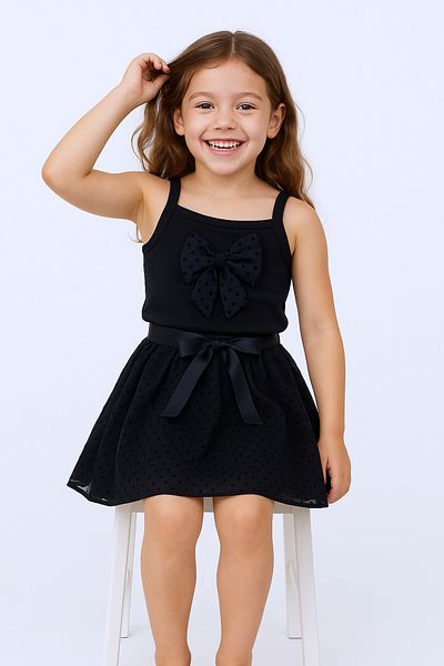 HÇM Girl's Skirt Suit with Suspenders Badi Bow Ruffled D29