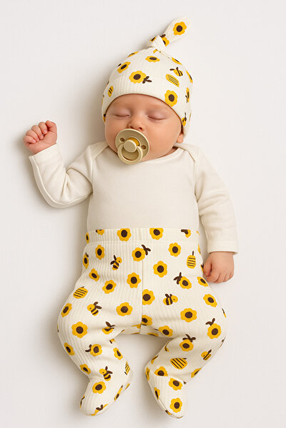 BABYDEN'S Bee and Flower Patterned 3-Piece Newborn Set Long Sleeve Snap Body, Booties Pants, Beanie 100% Cotton