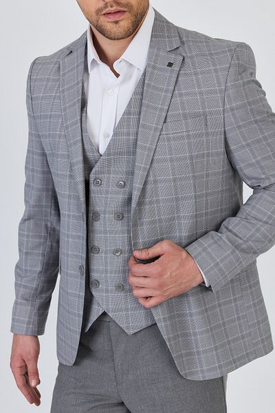 Frappoli Facune Men's Light Gray Jacket+Pants+Vest Double Slit Slim Fit Suit