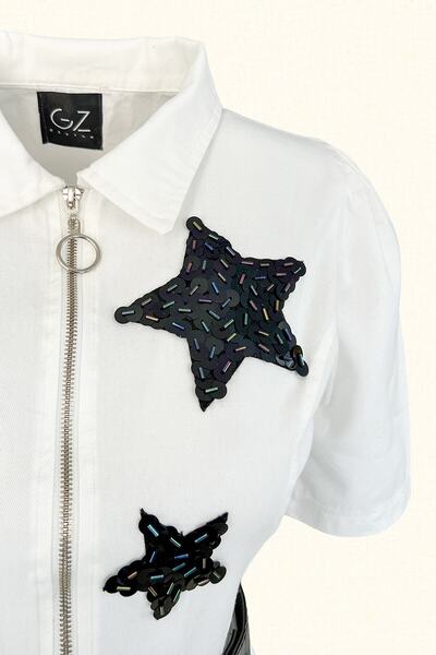 GZ Design Black Star Embroidered White Slim Fit Jean Jumpsuit