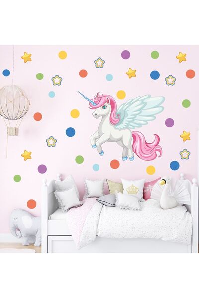 MAARS Büyük boy Unicorn ve Renkli puantiye, Yıldızlar çocuk odası duvar süsü,...