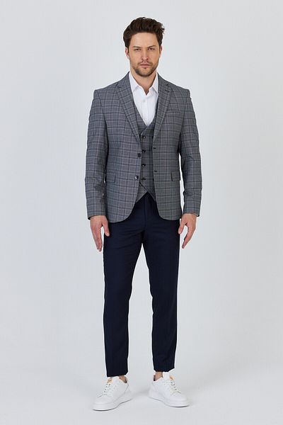 Frappoli Facune Men's Dark Navy Jacket+Pants+Vest Double Slit Slim Fit Suit