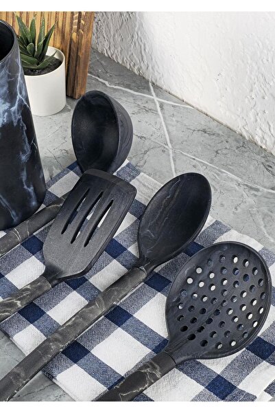 Tabivar Marble Patterned Kitchen Set Ladle Colander Spoon Spatula Black