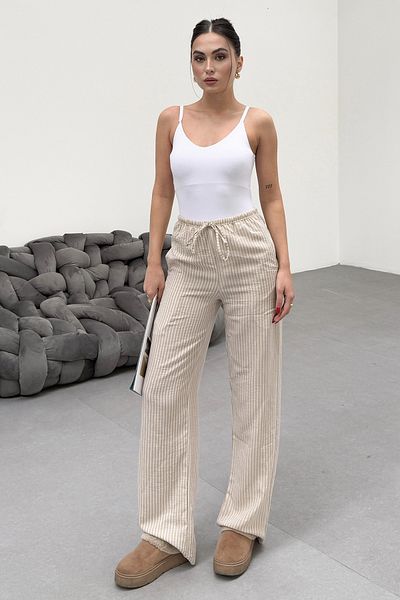 Sun Victoria Women's Beige Linen Trousers with Elastic Waist