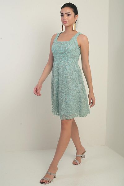 By Saygı Women's Thick Strap Lined Glitter Flock Printed Short Flared Dress