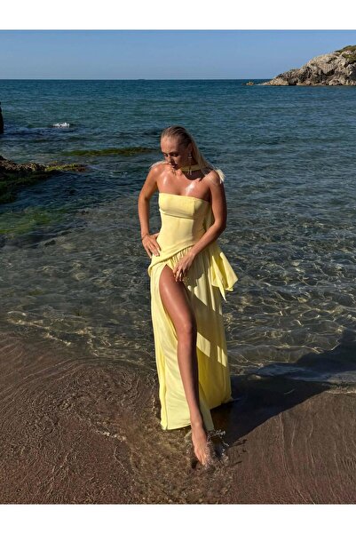 modaçelikler Straplez Eteği Pileli Kuşak Detaylı Leyinda Sarı Kadın Yırtmaçlı Elbise 25Y436