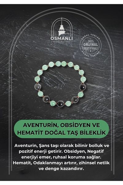OSMANLI DOĞAL TAŞ Certified Aventurine, Obsidian and Hematite Natural Stone Bracelet
